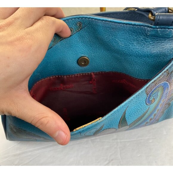 Gorgeous Anuschka Bag. Hand Painted Shoulder Bag. Blue And Rose Pattern. - Picture 7 of 16